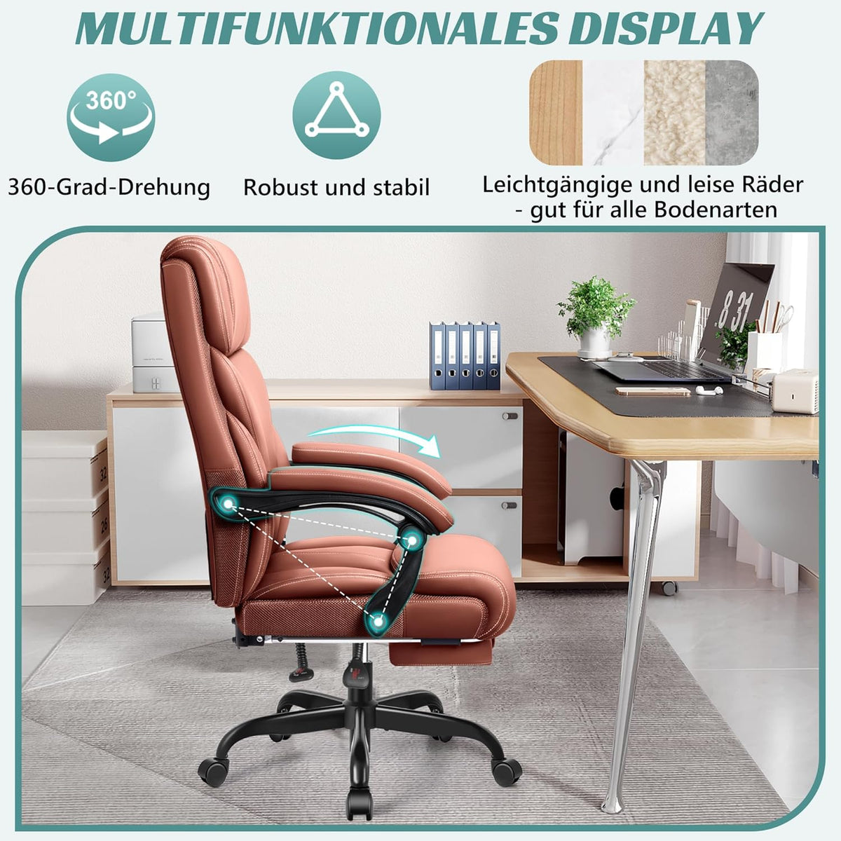 Bureaustoel – Bureaustoel Ergonomisch – Bureaustoel Met Voetensteun – Managersstoel – Werkstoel – Mat Bruin Kunstleer – Grote Hoge Zitting – Kantelfunctie En Hoogteverstelling