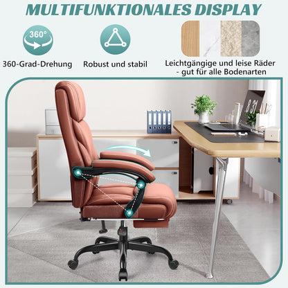 Bureaustoel – Bureaustoel Ergonomisch – Bureaustoel Met Voetensteun – Managersstoel – Werkstoel – Mat Bruin Kunstleer – Grote Hoge Zitting – Kantelfunctie En Hoogteverstelling