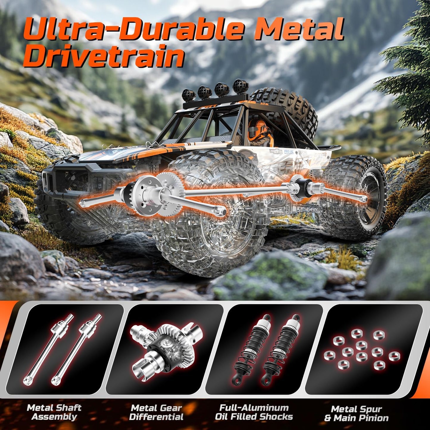 DEERC afstandsbedieningsauto op schaal 1:10 voor volwassenen en jongens, 48 km/u 4x4 RC monstertruck met verlichting, 2 batterijen voor 30 minuten speelplezier, 2,4 GHz terreinwagen RC