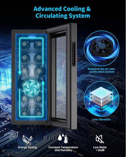WIE Wijnkoelkast 1 zone 33 liter 12 flessen drankkoelkast wijnkast kleine wijnkoelkast mini met glazen deur volledig glazen designdeur met LED-touchpanel anti-UV wijnkoelkast