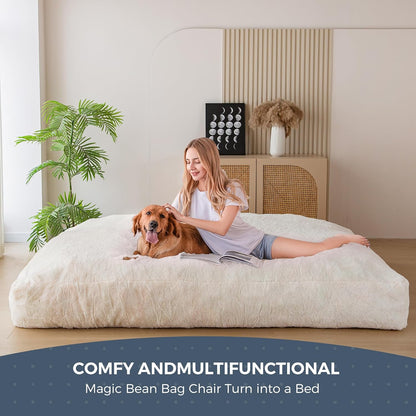 MAXYOYO Bean Bag Bed - Convertible from Bean Bag Chair to Bed - Foam Sofa with Fluffy Cover and Soft Filling for Adults, Teenagers, Guests (Beige, 150 x 200 cm)