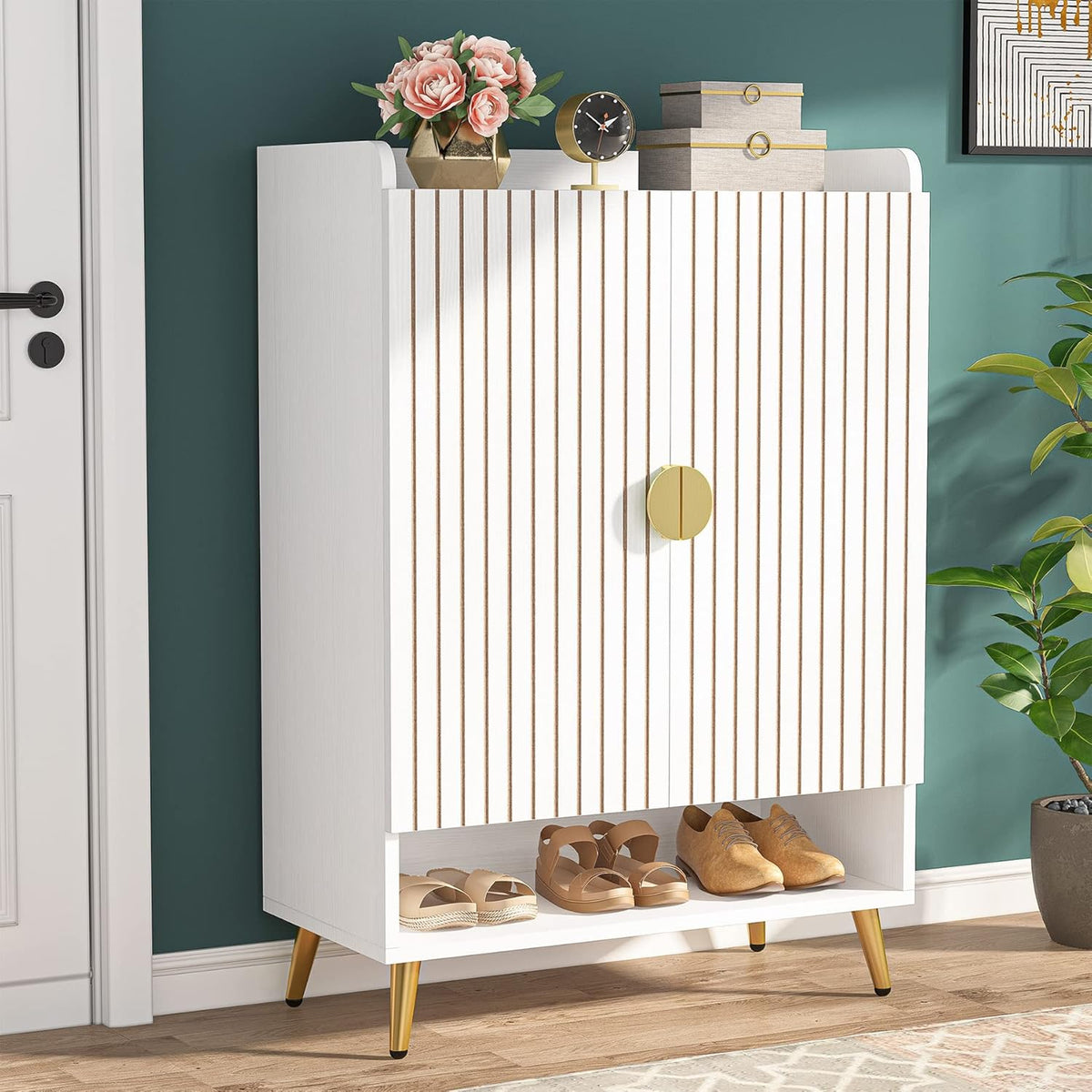 Tribesigns Shoe Cabinet with Doors, 6 Tier Shoe Storage Cabinet with Adjustable Shelves, Wooden Shoe Rack, Shoe Storage for Entrance, Hallway, Closet, Living Room, White and Gold
