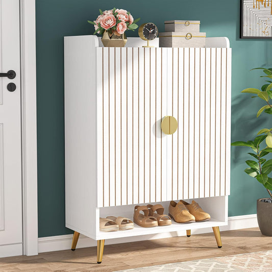 Tribesigns Narrow Shoe Cabinet with 2 Doors, 7 Levels for 25 Pairs, White, 75 x 37 x 110 cm, with Gold Metal Frame, for Entrance, Living Room, Hallway