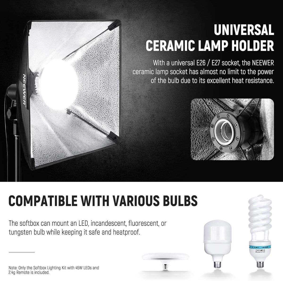 NEEWER NK103 Softbox verlichtingsset met statiefstandaard, set van 2, 45 W tweekleurige 2,4 G led-gloeilampen, 10 kanalen, 2900K-7000K, 1400Lux/m, CRI95, 20 m afstandsbediening, continue fotografie