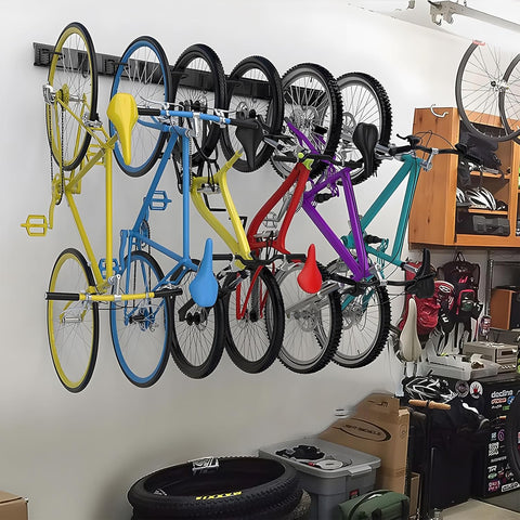 Fietsenrek - Fietsstandaard - Fietshouder - Fietshaak - voor 6 Fietsen  - 5 Helmen - Verstelbare - Verticale Wandfietsophanging - met Framebescherming - voor Woning - Garage - Opslag - Zwart