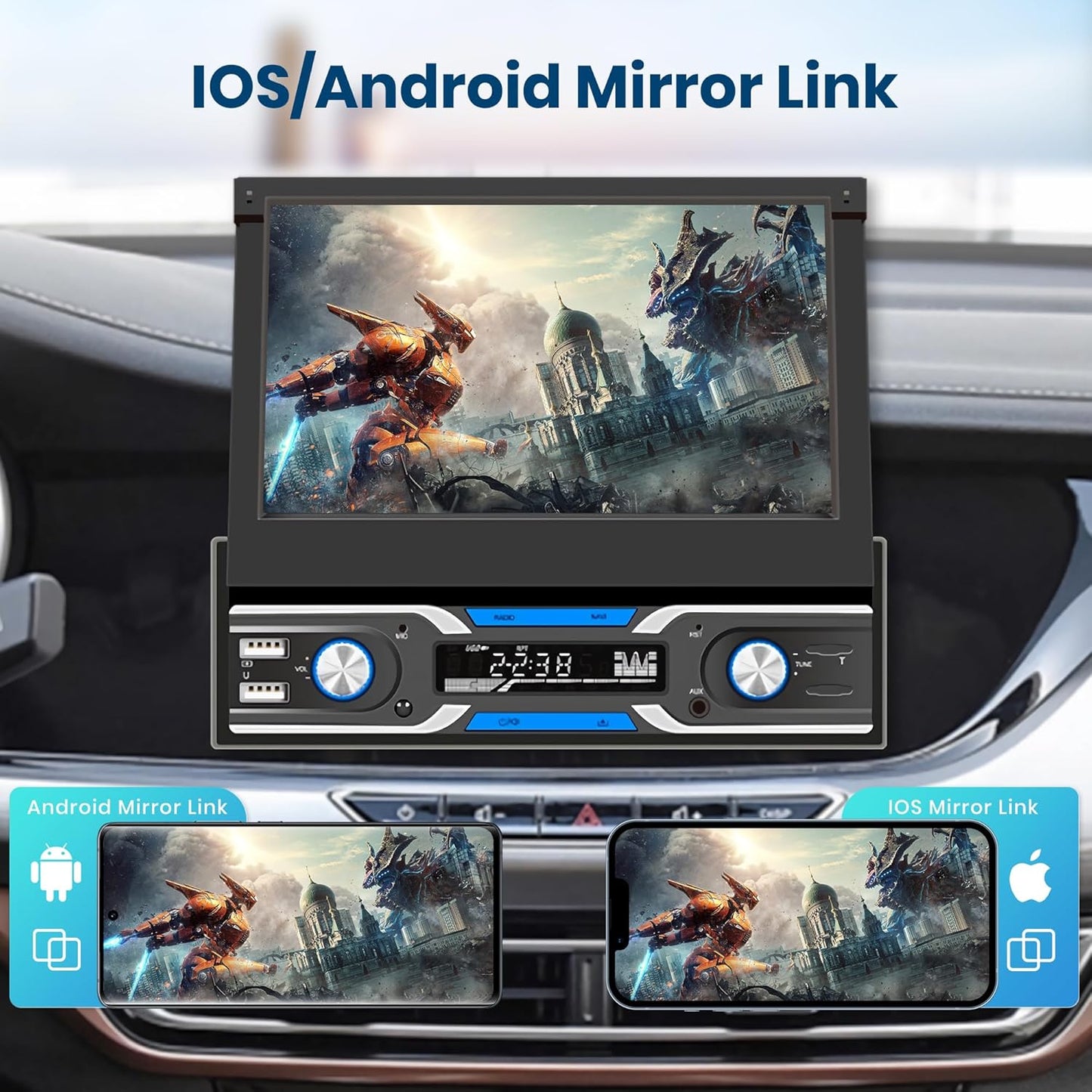 Autoradio 1 Din – Android Autoradio – Carplay Autoradio – GPS Navigatie Radio – DAB+ Autoradio – 7 Inch Automatisch Uitschuifbaar Scherm – Draadloze CarPlay & Android Auto