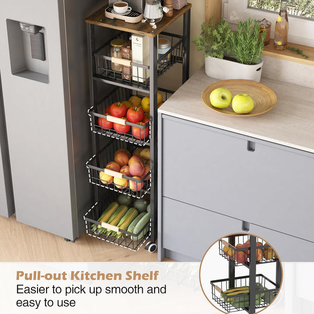 5-Tier - Groenterek - Keukenwagen - Stapelbare Fruitmand - Opbergwagen - met Wielen - voor Badkamer - Keuken - Kantoor - Gelegeerd Staal - 40 x 30 x 107 cm - Zwart
