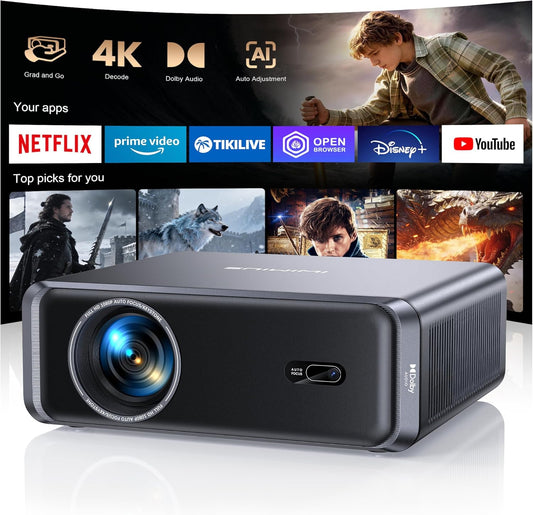 Mini-projector 4K met Netflix, officiële Dolby Audio, 900 ANSI Auto Focus / 6D, trapeziumcorrectie, wifi 6/Bluetooth, Full HD, 1080P, thuisbioscoop, buitenprojector, draagbaar, voor Android/iPhone
