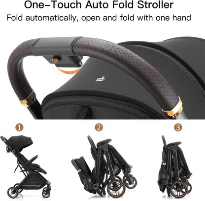 Gromast Gravity Opvouwbare babybuggy met verstelbare rugleuning en zonnedak, lichtgewicht en uv-bescherming, met één hand automatisch inklapbaar, zwart
