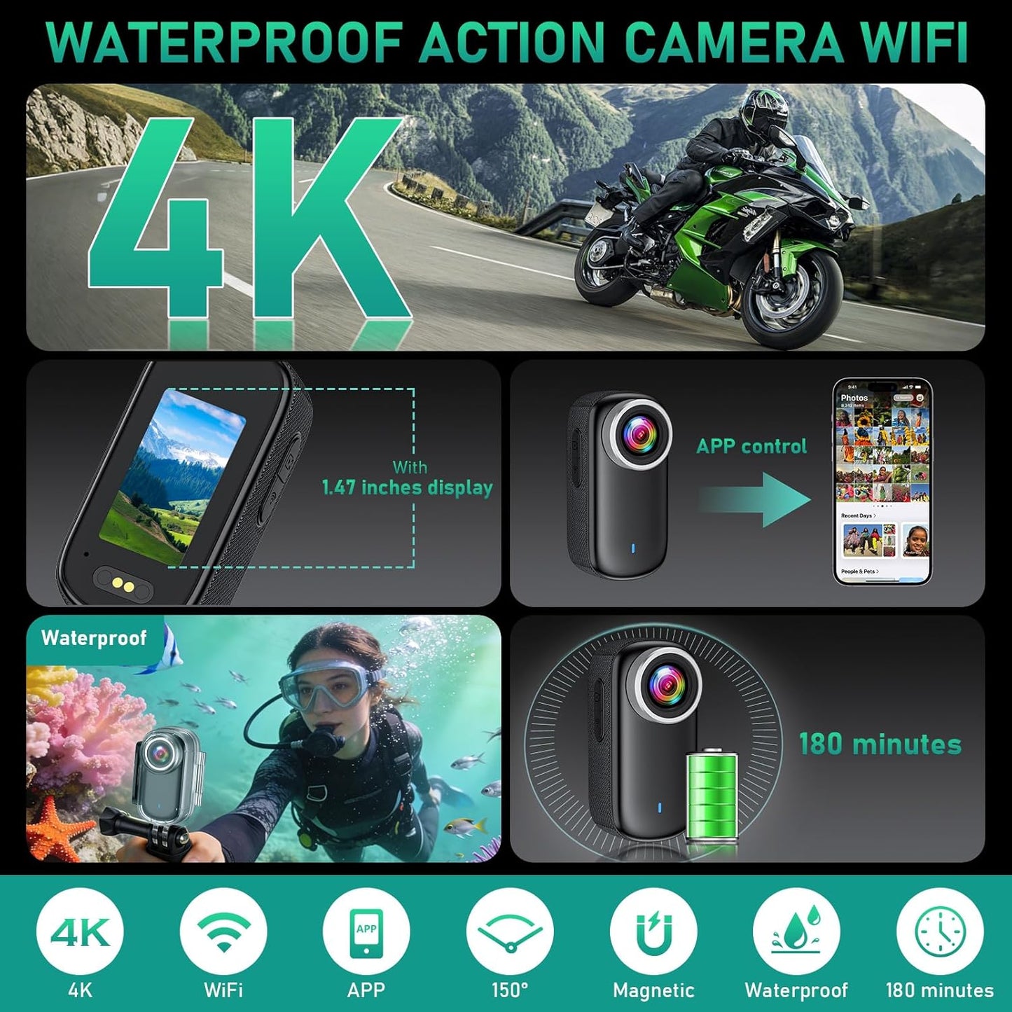 Actiecamera, wifi, 4K, waterdichte mini-actie-helmcamera, 150 graden wifi, sportactiecamera met 1,47 inch display, magnetische duim-lichaamscamera, kleine actiecamera voor motorfiets en fiets