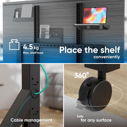 ONKRON TV-standaard op wielen voor 70-110 inch televisies tot 120,5 kg, in hoogte verstelbare TV-standaard max VESA 1000x800, mobiele TV-wagen met wielen/TV-rollwagen met plank zwart TS2081-B
