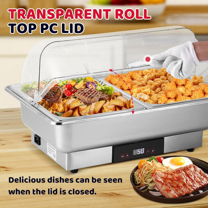 YUCHENGTECH Elektrische Chafing Dish Buffetset 9L Roestvrijstalen Chafing Dishes Voedselverwarmers met Temperatuurregeling en Doorzichtig Roldeksel voor Catering, Bruiloften, Restaurants