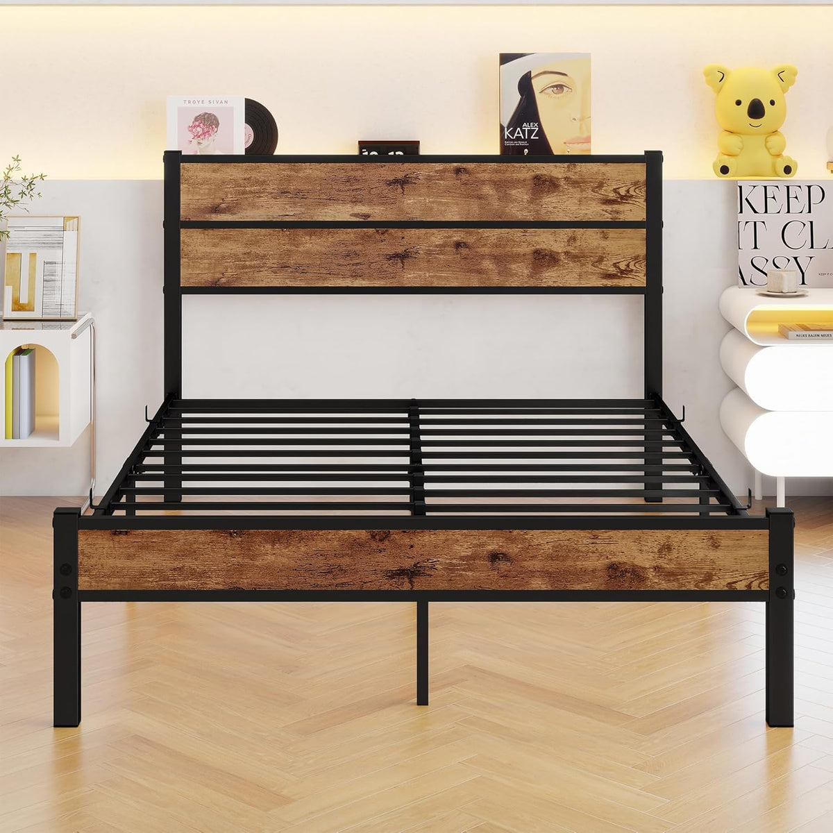 Bed 120x200, Bed frame Kinderbed 120x200 met lattenbodem van metaal, Bedframe met houten hoofdeinde en opbergruimte eronder, Gastenbed Tweepersoonsbed, Robuust en Stabiel Bed Frame, Bruin