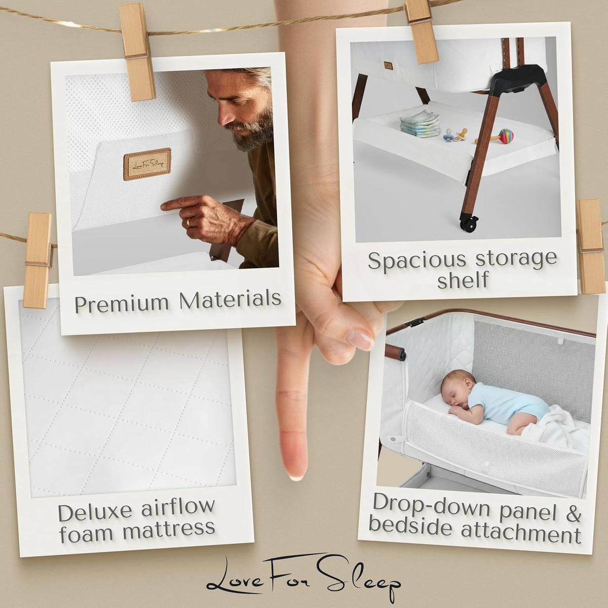 SnooBee Next To Me bijzetbed & kinderbed, vrijstaand, 6 hoogteniveaus, wielen, matras, zijpanelen van ademend mesh met muggennet, opvouwbaar met tas (0-6 maanden), wit/bruin