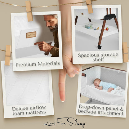 SnooBee Next To Me bijzetbed & kinderbed, vrijstaand, 6 hoogteniveaus, wielen, matras, zijpanelen van ademend mesh met muggennet, opvouwbaar met tas (0-6 maanden), wit/bruin