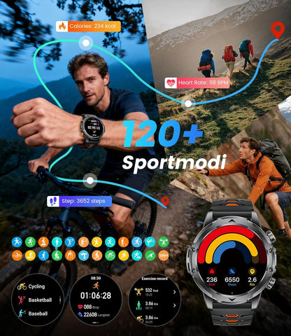 Smartwatch voor heren met 1000 mAh batterij voor Android iOS, 1,53 inch HD groot touchscreen, militaire smartwatch met 24 uur hartslag/110 sportmodi, IP68 waterdichte zaklamp, fitnesshorloge, 3