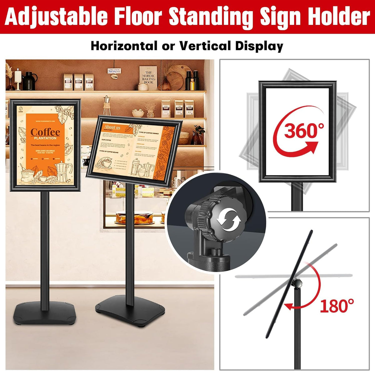 Schildstandaard Display – Posterstandaard, Infostandaard, Presentatiestandaard, Menuhouder – A3, Zwart, Set van 3 – Zware 2,6 kg Metalen Voet – 360° Draaibaar en 180° Kantelbaar