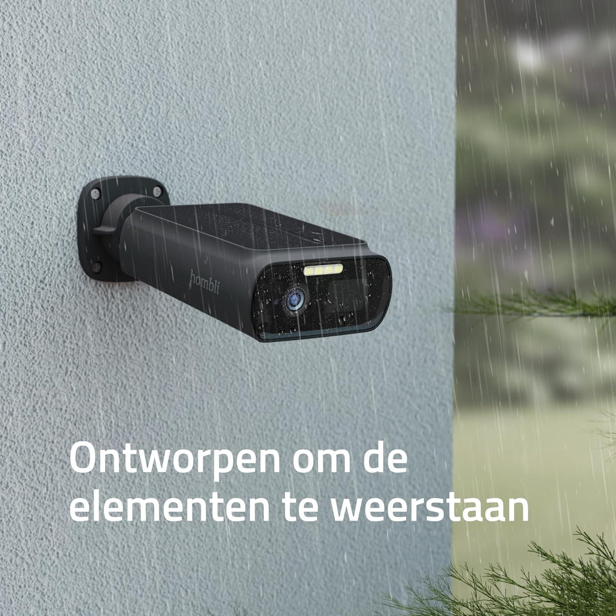 Hombli Zonnecamera 2K QHD – Milieuvriendelijke Oplaadbare Beveiligingscamera op Zonne-energie met Flexibele Bevestiging, Alarm & Schijnwerper – Infrarood & Kleurennachtzicht, Bewegingsdetectie, IP66