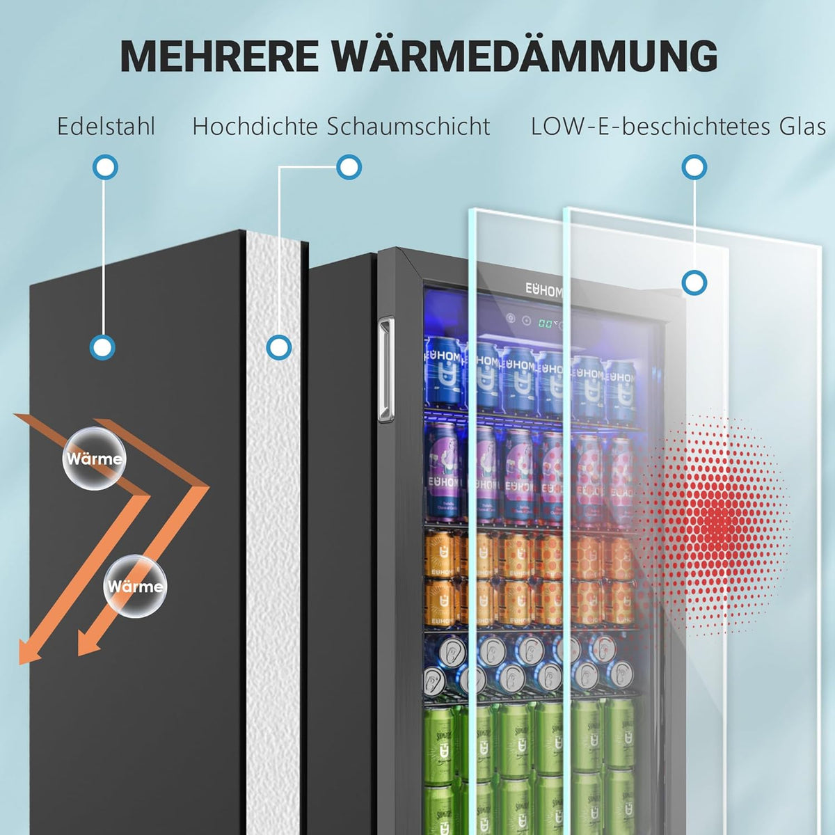 EUHOMY Drankkoelkast, mini-koelkast voor 126 blikjes met glazen deur, kleine koelkast met verstelbare planken voor limonade, bier of wijn, voor thuis/bar/kantoor, zwart roestvrij staal