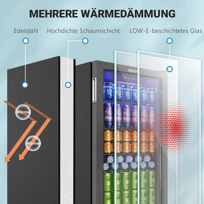 EUHOMY Drankkoelkast, mini-koelkast voor 126 blikjes met glazen deur, kleine koelkast met verstelbare planken voor limonade, bier of wijn, voor thuis/bar/kantoor, zwart roestvrij staal
