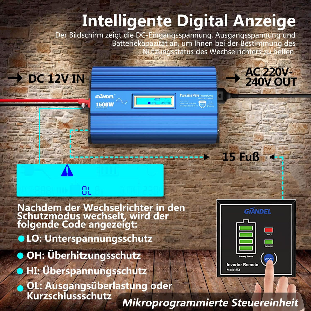 1500 W 12 V naar 230 V zuivere sinusomvormer met 2 AC-stopcontacten, 2 x 2,4 A, USB-poorten, afstandsbediening en lcd-display voor camper GIANDEL