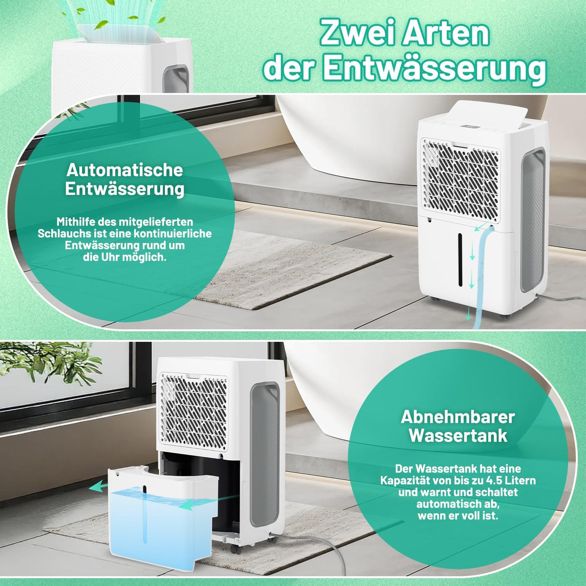 Luchtontvochtiger, 26 l/dag, kamerontvochtiger met 3 bedrijfsmodi, digitaal display, afvoerslang en afneembare watertank, ontdooifunctie, 24-uurs timer, stille ontvochtiger, elektrisch voor