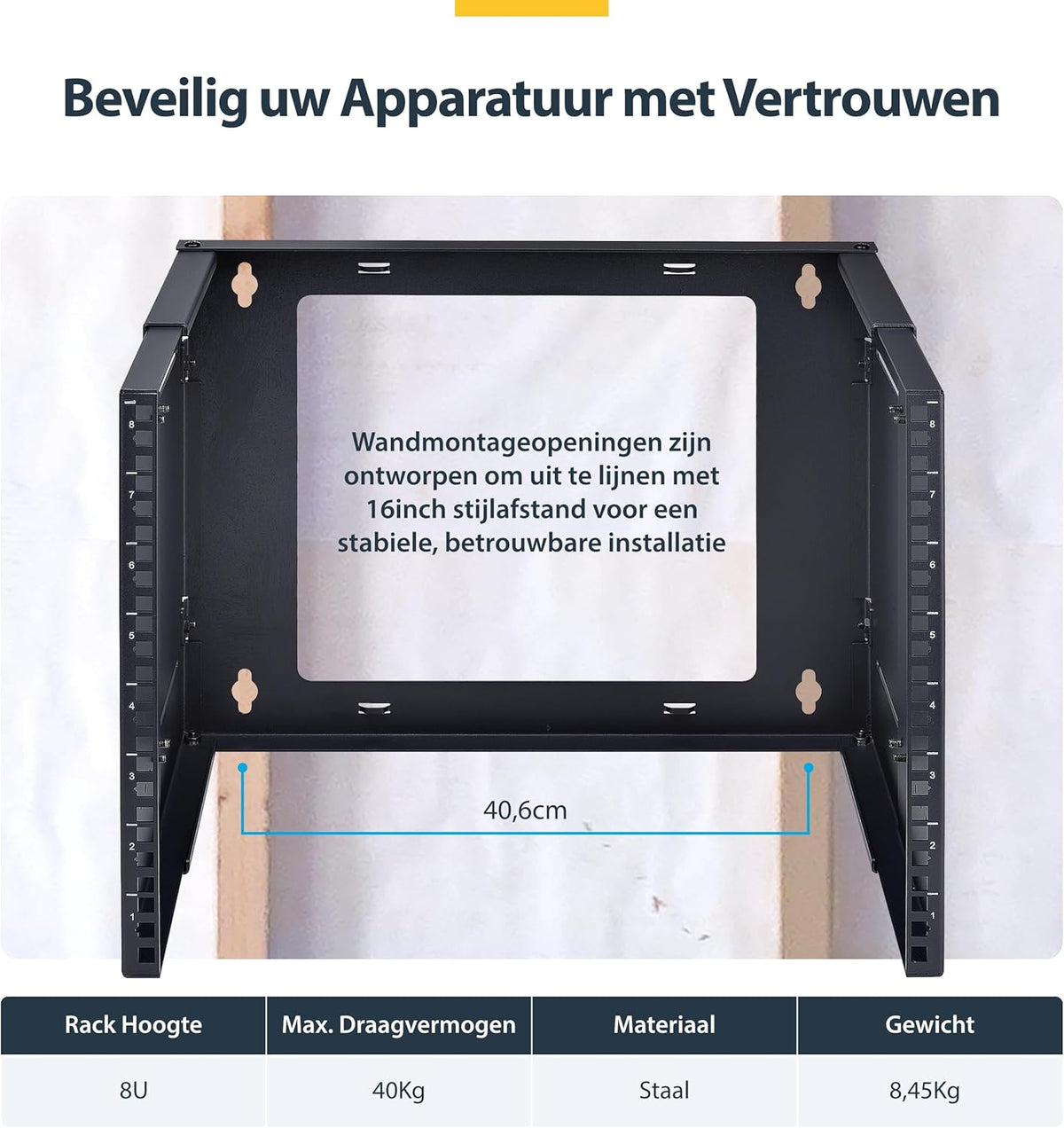 8U wandmonteerbaar serverrack – 19 inch rack – netwerkrek – serverrek – open frame rack – Verstelbare diepte 24,5 tot 39,7 cm – Draagvermogen tot 40 kg