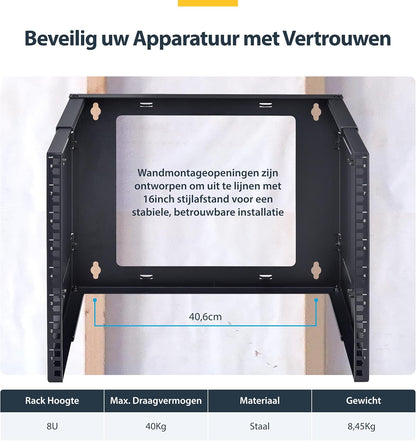 8U wandmonteerbaar serverrack – 19 inch rack – netwerkrek – serverrek – open frame rack – Verstelbare diepte 24,5 tot 39,7 cm – Draagvermogen tot 40 kg