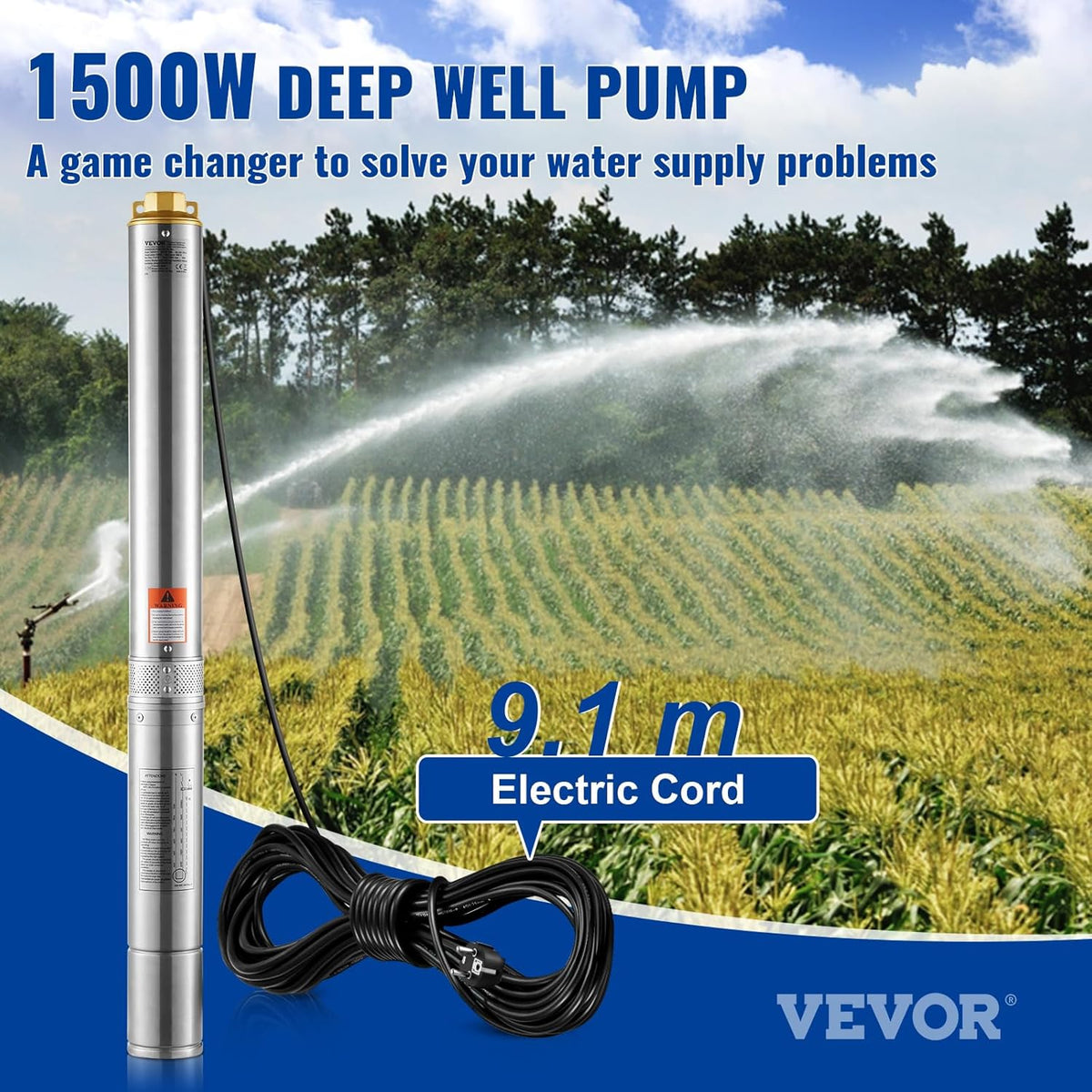Dompelpomp Voor Diepe Putten – Diepwaterpomp – Putpomp – Waterpomp – Submersible Pump – Roestvrij Stalen Behuizing – Krachtige 1500 W Motor – 9,8 M³/U Debiet – 108 M Pompdiepte – IP68 Waterdicht