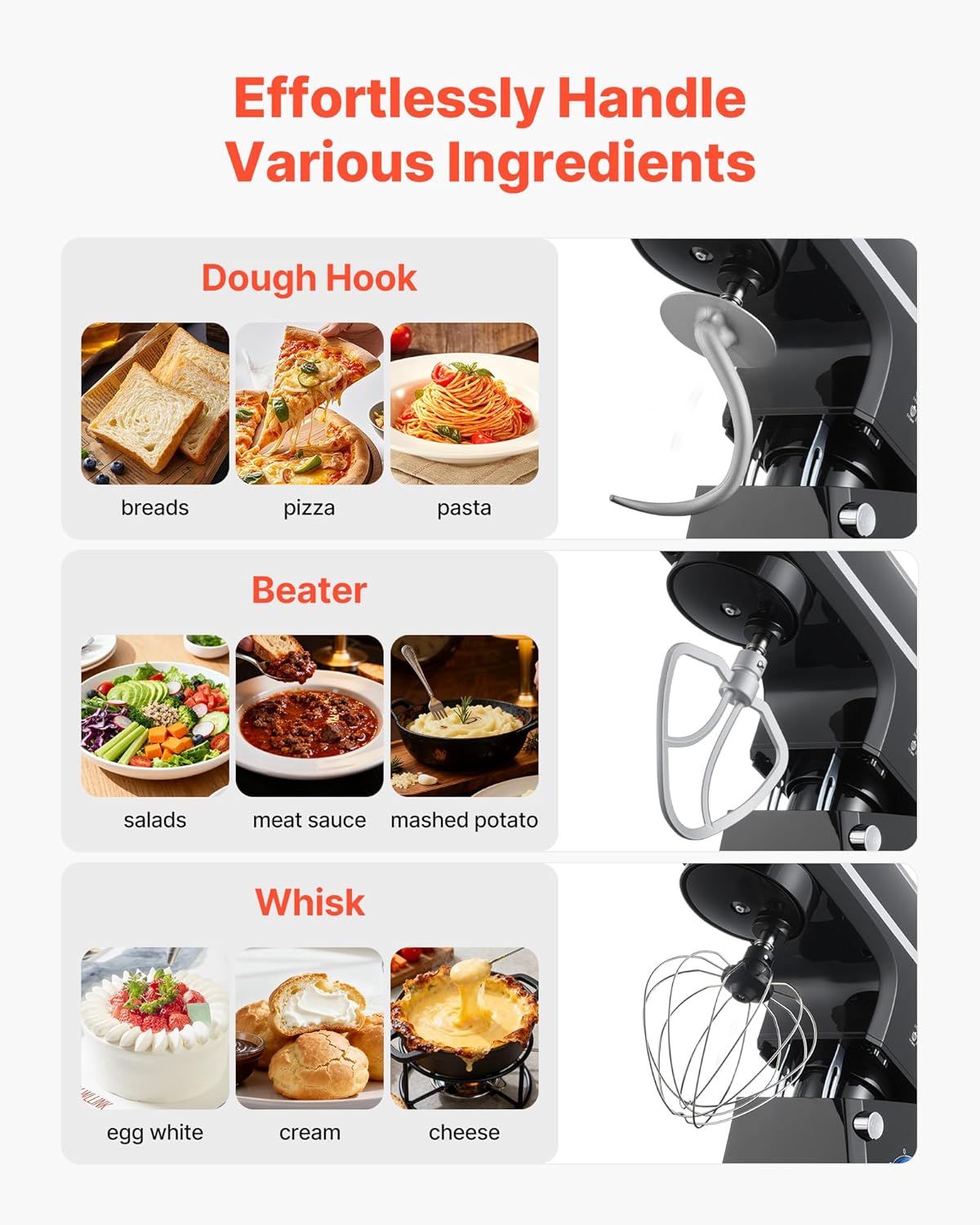 VEVOR Keukenmachine, deegmixer, 1400 W, 7,84 l, keukenmachine met kantelbare kop, roestvrijstalen kom, deeghaak, garde, schraper, huishoudelijke keukenmachine voor bakken en mixen, zwart