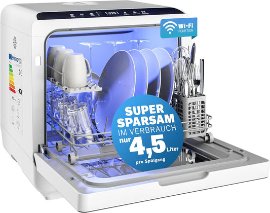 MONZANA Mini Dishwasher 46x45x44cm With & Without Water Connection Reservoir 4,5l Control App 6 Programs 3 Place Settings