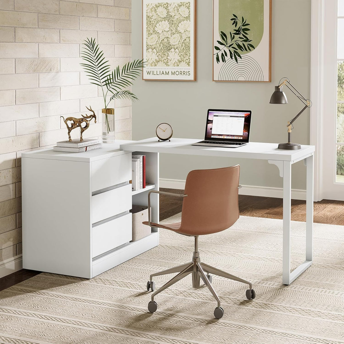 Tribesigns Desk, L Shaped Computer Table with Drawers and Shelves, Reversible White Corner Desk with Storage Cabinet, Modern Work Table for Home Office, Bedroom