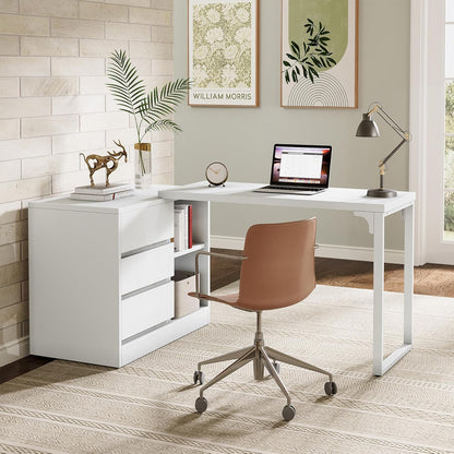 Tribesigns Desk, L Shaped Computer Table with Drawers and Shelves, Reversible White Corner Desk with Storage Cabinet, Modern Work Table for Home Office, Bedroom