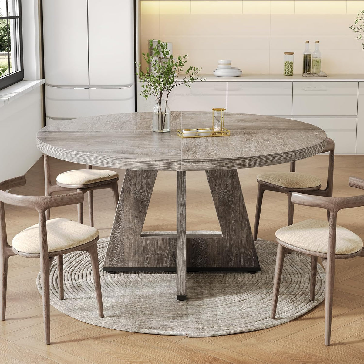 LITTLE TREE Ronde eettafel voor 4-6 personen, 117 cm eetkamertafel met houten voetstuk basis, grijze eettafel, cirkel keukentafel voor eetkamer, keuken, woonkamer (alleen tafel)