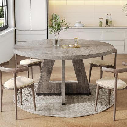 LITTLE TREE Ronde eettafel voor 4-6 personen, 117 cm eetkamertafel met houten voetstuk basis, grijze eettafel, cirkel keukentafel voor eetkamer, keuken, woonkamer (alleen tafel)