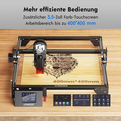 LONGER 5 W lasergraveermachine beginners, 400 × 400 mm graveerbereik, 3,5 inch kleuren-touchscreen, app-besturing offline, metaal/glas/houtgravure, ideaal voor kleine bedrijven