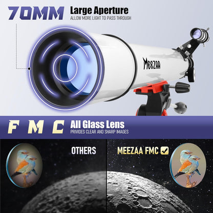 Telescoop, Astronomie Telescoop voor Volwassenen Professioneel, 70mm Opening 700mm Refractor Telescopen voor Kinderen en Beginners, Draagbare Reistelescopen met Roestvrijstalen Statief