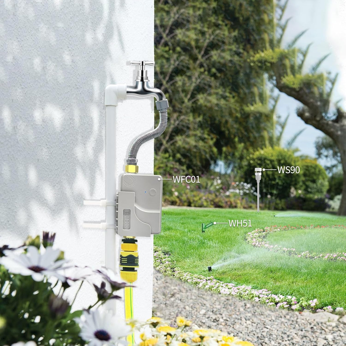 ECOWITT Tuinsproeier Irrigatietimer WFC01, Automatische Bewateringstimer Druppelirrigatiesysteem, Landbouw Zelfbewateringssysteem voor Planten met Waterdichte Slimme Controle Watertimer + Hub GW2000