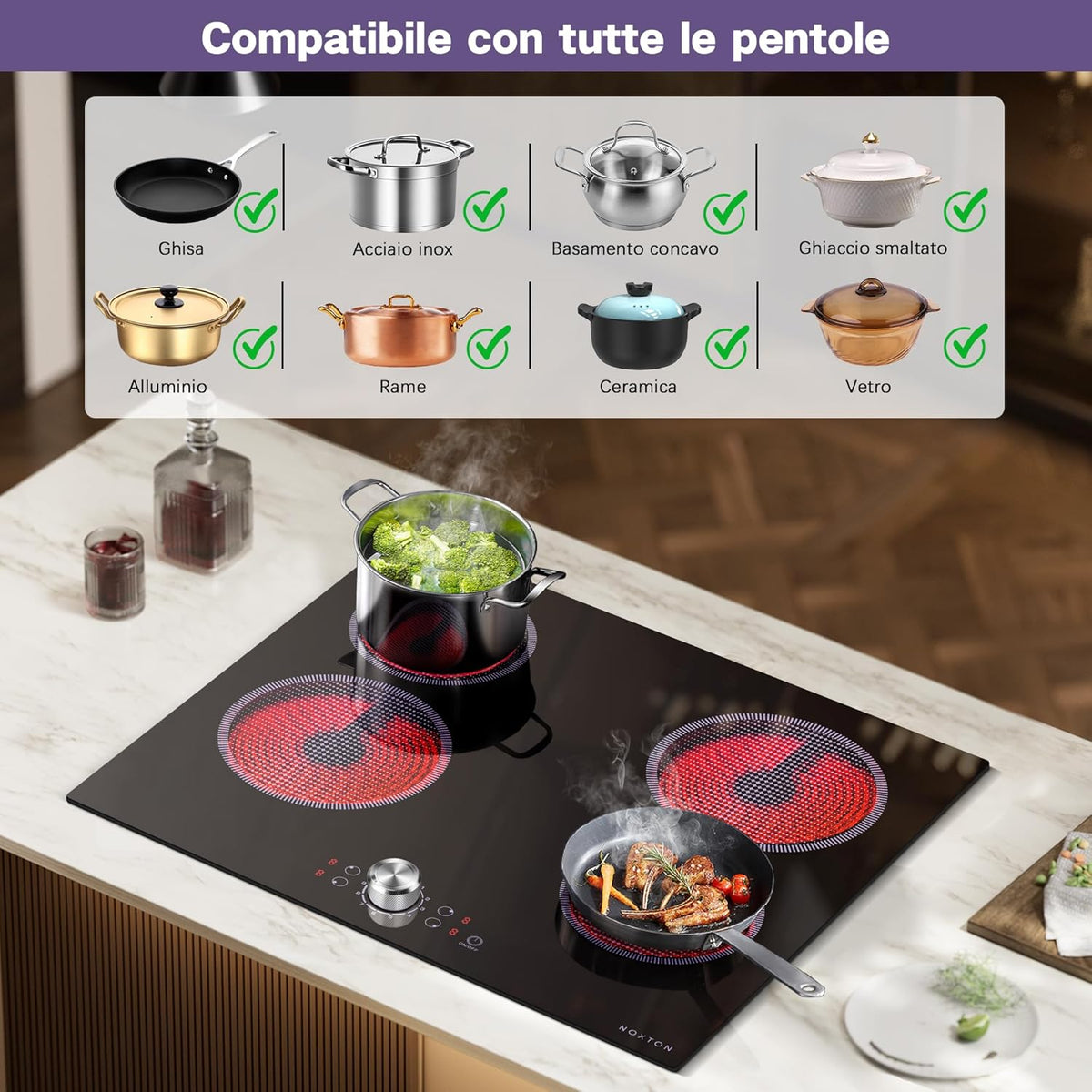 Noxton Elektrische kookplaat met 4 branders, 60 cm, keramische kookplaat, 6000 W, plaat met handgrepen, 9 boosterfuncties voor keuken, Touch Controls, timer