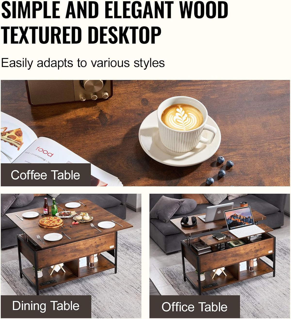 Koffietafel - Table - Coffe table - Living Room Table - Lift Top salontafel - tafel met extra opbergruimte - omklapbare salontafel voor de woonkamer - 39.4in - Bruin - 74.74lbs