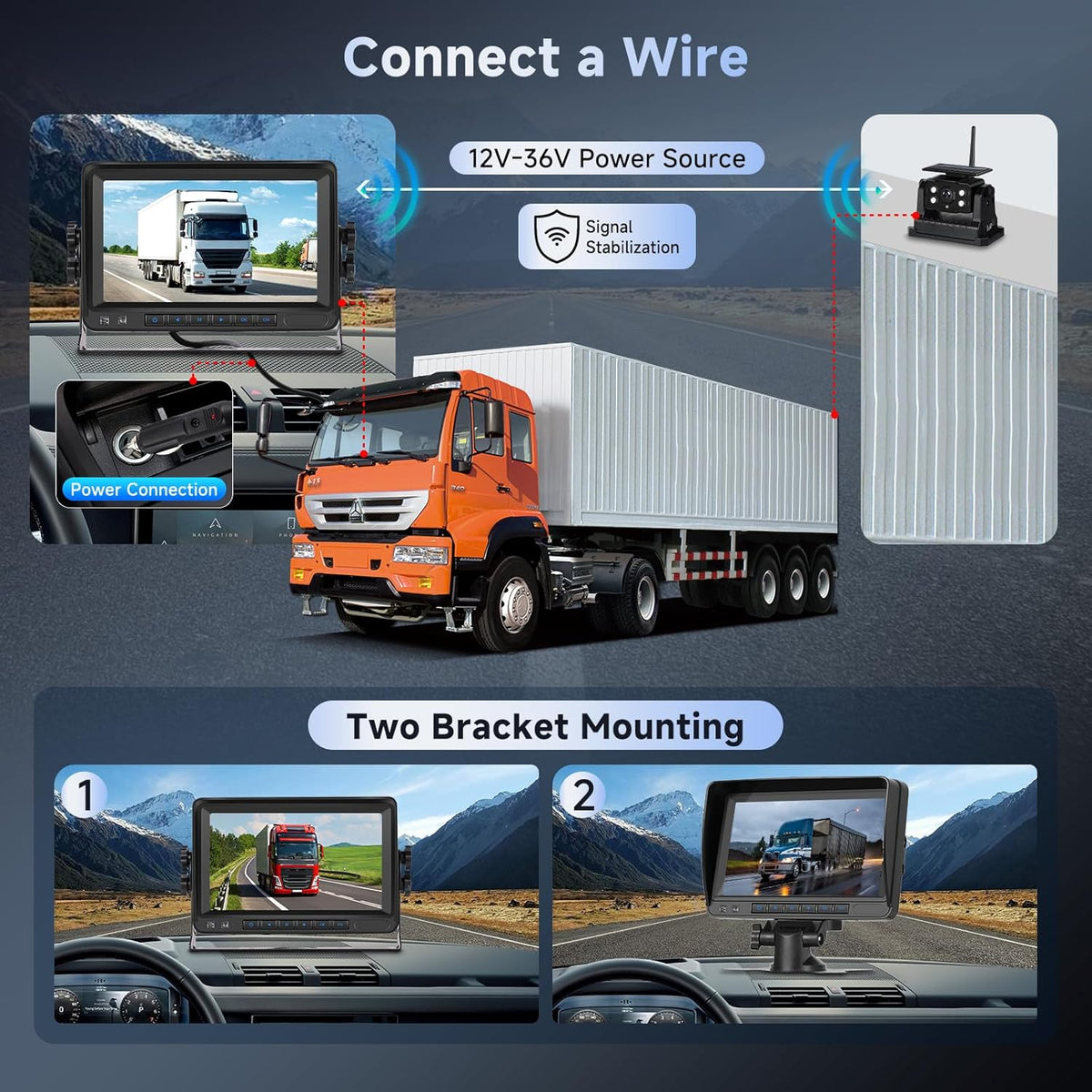Hodozzy Draadloze achteruitrijcamera met zonne-energie, 2 camera's, magnetische radio, 1080p nachtzicht, 7 inch waterdicht monitor, loopopname, auto cameraset voor camper