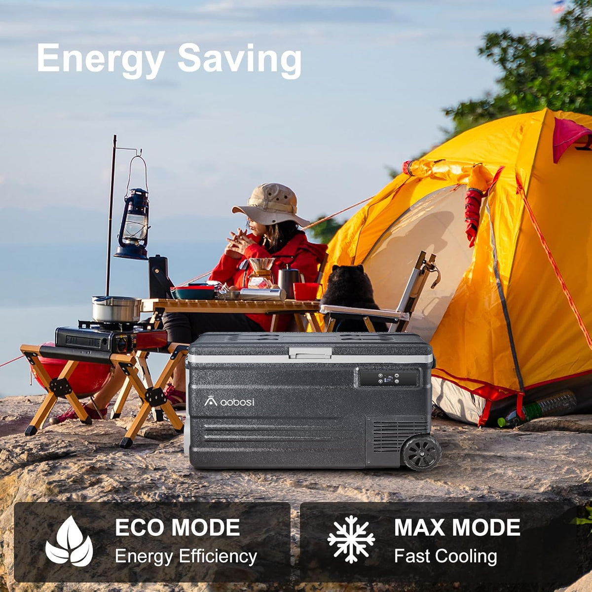 AAOBOSI 74 liter compressor-koelbox, campingkoelkast met app, ledverlichting, -20 °C tot 20 °C, 12/24 V en 100-240 V, koelbox compressor met wielen, voor auto, buggy, vrachtwagen, boot, camping en