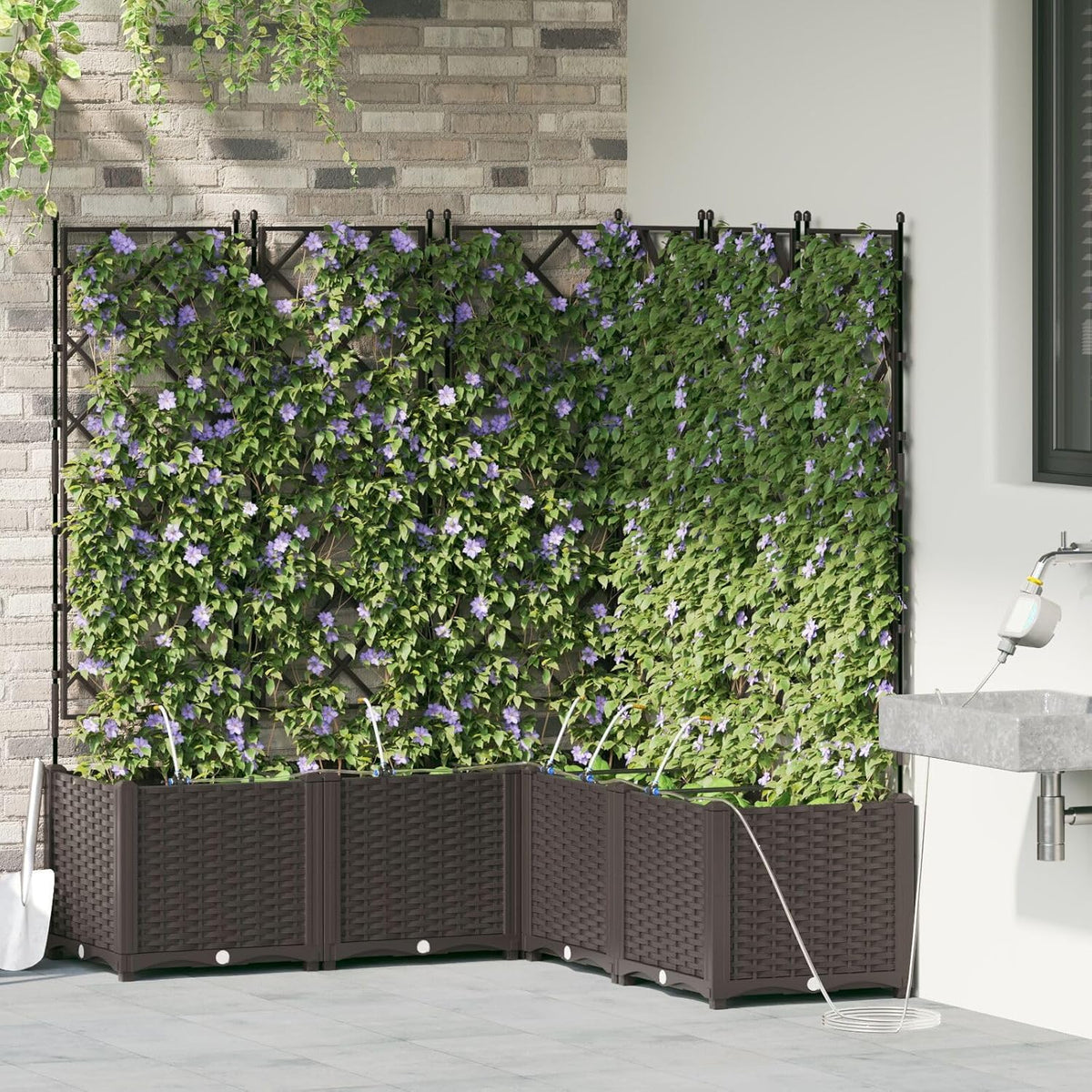 Garden Pots with Irrigation System, 5 Pieces, Brown, Square, Large with Extendable Trellis for Climbing Plants, Robust Plastic Construction - QUORE