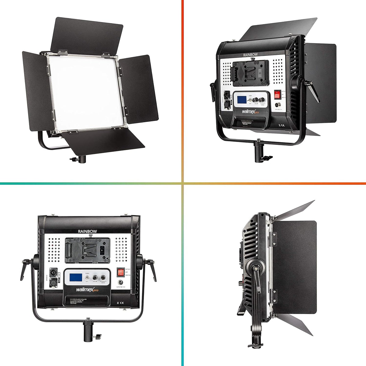 Walimex pro Rainbow 50W LED RGB vlaklamp 1-delige set met statief - set van 1x studielamp videolamp + 1x statief, lamp 360 kleuren, 50W 3200-999K CRI 95, V-Mount accu, dimbaar, app of DMX