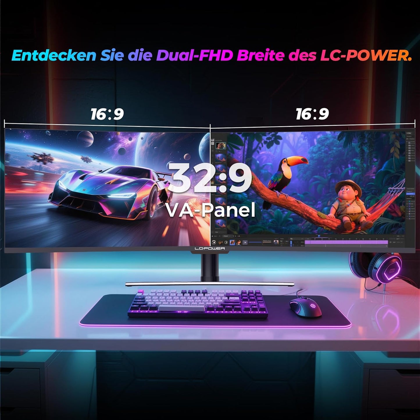 LC-Power LC-M49-DFHD-144-C-Q Ultrawide Gaming-Monitor, gebogen, 49 inch (1500R, QLED-VA, 144Hz, DFHD 3840 x 1080, AMD FreeSync™ Premium, HDR 400, levendige kleuren)