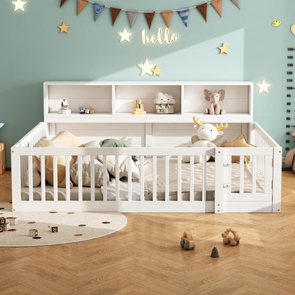 Children's Bed with Slatted Frame, Fall Protection, Rack and Fence, Youth Bed, Storage Room, Wooden Bed, Pine (White, 140 x 200 cm) - QUORE