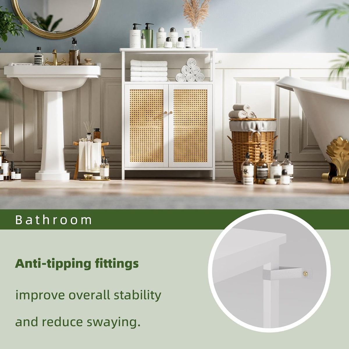 Bathroom Floor Stand Cabinet, Bamboo Storage Organizer Table with 2 Rattan Doors and 1 Shelf, Wooden Side Cabinet for Hallway, Laundry, Kitchen, Living Room (White)