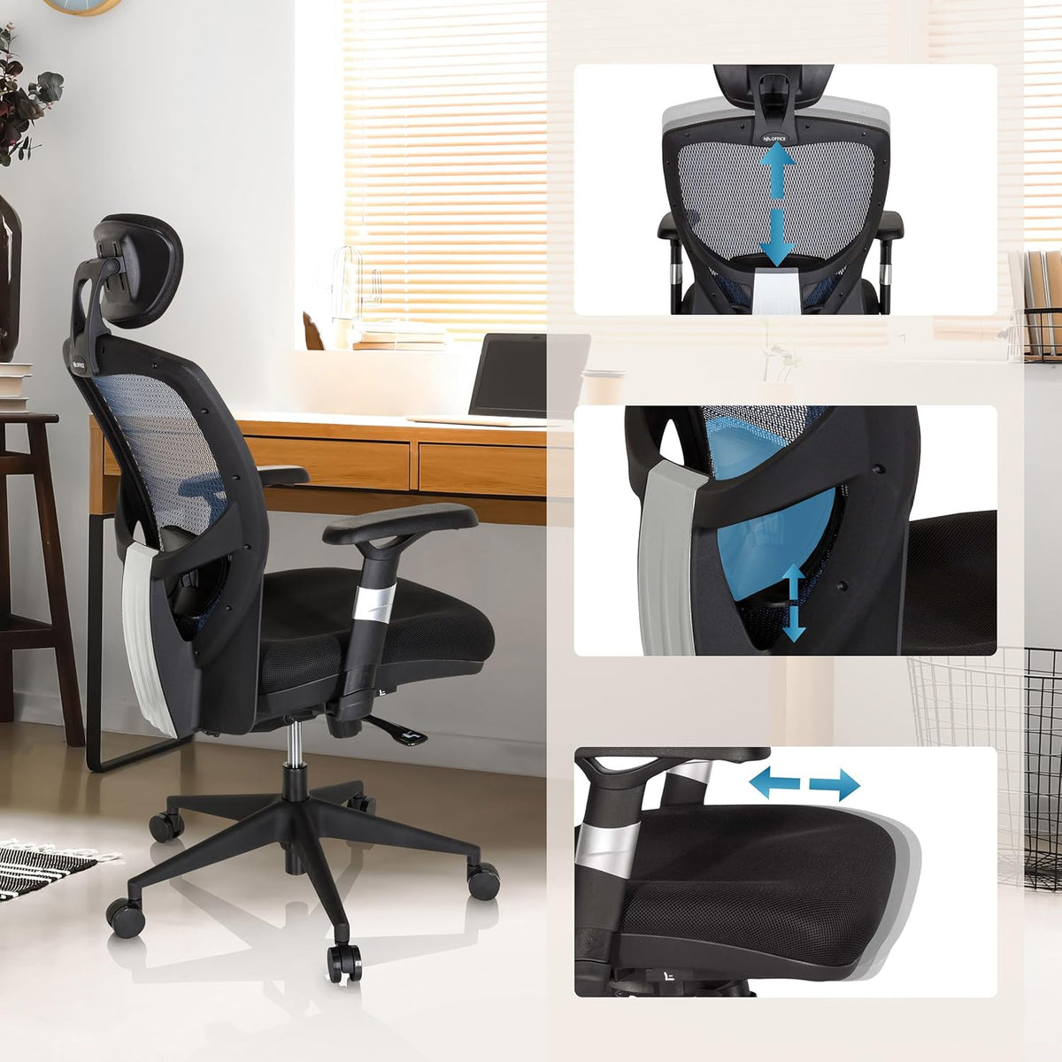 hjh OFFICE Venus Base 657110 Bureaustoel, managersstoel, blauw, ergonomische flexibele lendensteun, hoog zitcomfort, ergonomische draaistoel met verstelbare armleuningen, bureaustoel