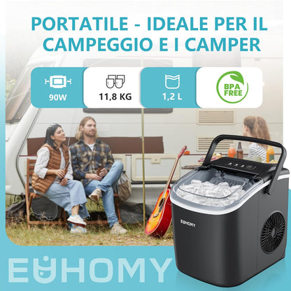 EUHOMY IJsblokjesmachine 12 kg/24 uur, 9 ijsblokjes in 6 minuten, zelfreinigende ijsmachine, met handvat, schep, mand, zwart, 45 dB