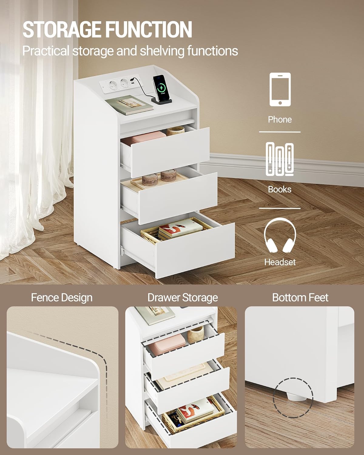 Hzuaneri Bedside Table Set of 2 with 3 Drawers, Side Table with Charging Base and LED, 2 AC Outlets and 2 USB Ports for Bedroom, Living Room, White NS40103X